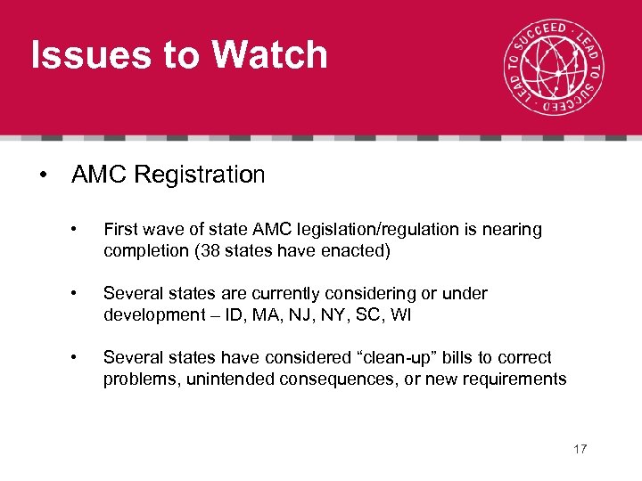 Issues to Watch • AMC Registration • First wave of state AMC legislation/regulation is
