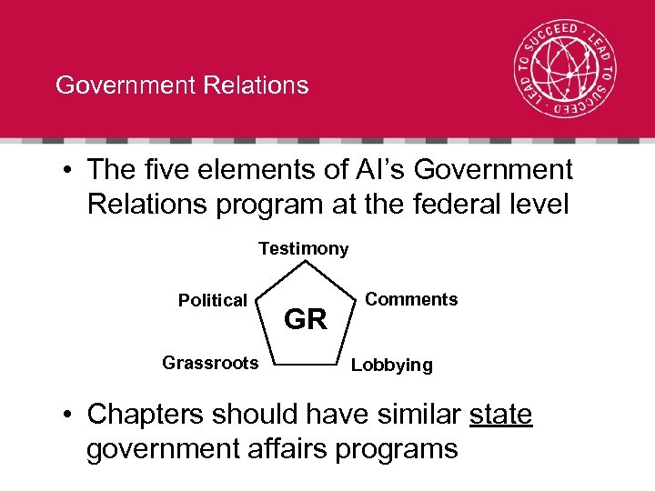 Government Relations • The five elements of AI’s Government Relations program at the federal