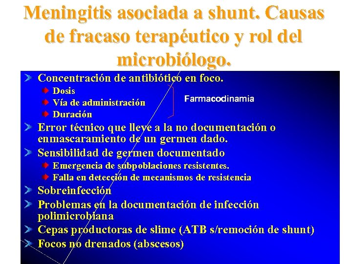 Meningitis asociada a shunt. Causas de fracaso terapéutico y rol del microbiólogo. Concentración de