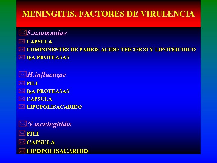 MENINGITIS. FACTORES DE VIRULENCIA *S. neumoniae * CAPSULA * COMPONENTES DE PARED: ACIDO TEICOICO