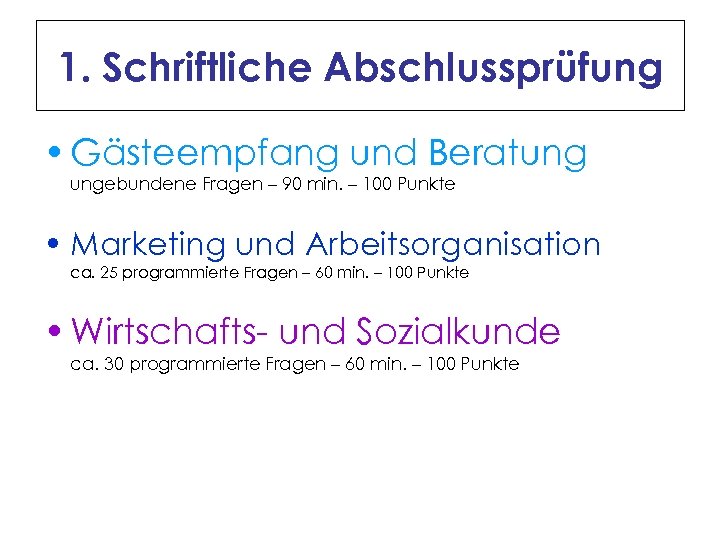1. Schriftliche Abschlussprüfung • Gästeempfang und Beratung ungebundene Fragen – 90 min. – 100