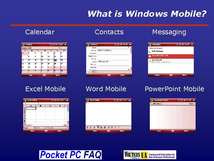 What is Windows Mobile? Calendar Excel Mobile Contacts Word Mobile Messaging Power. Point Mobile