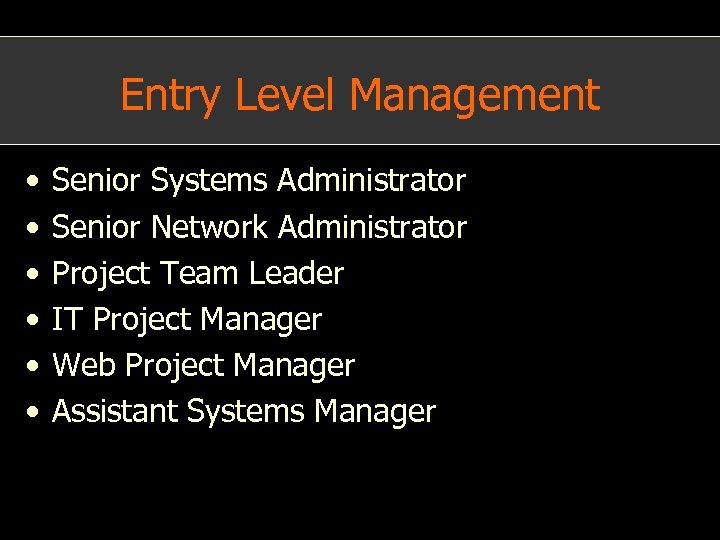 Entry Level Management • • • Senior Systems Administrator Senior Network Administrator Project Team