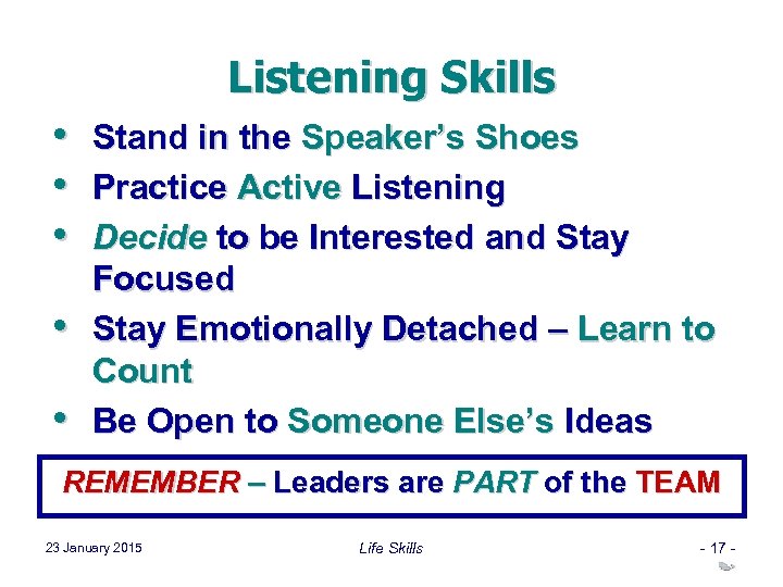 Listening Skills • • • Stand in the Speaker’s Shoes Practice Active Listening Decide