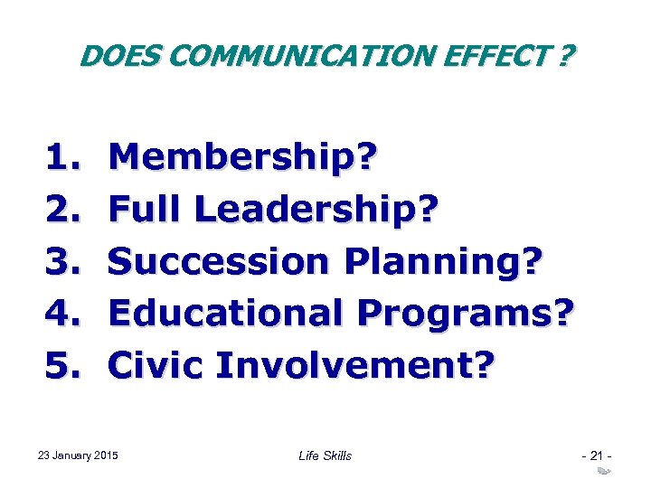 DOES COMMUNICATION EFFECT ? 1. Membership? 2. Full Leadership? 3. Succession Planning? 4. Educational