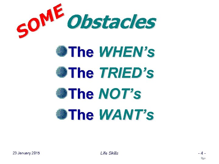 E M Obstacles O S The WHEN’s The TRIED’s The NOT’s The WANT’s 23