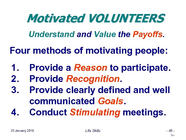 Motivated VOLUNTEERS Understand Value the Payoffs. Four methods of motivating people: 1. Provide a