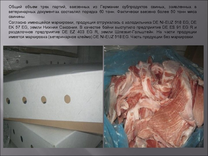 Общий объем трех партий, ввезенных из Германии субпродуктов свиных, заявленных в ветеринарных документах составлял