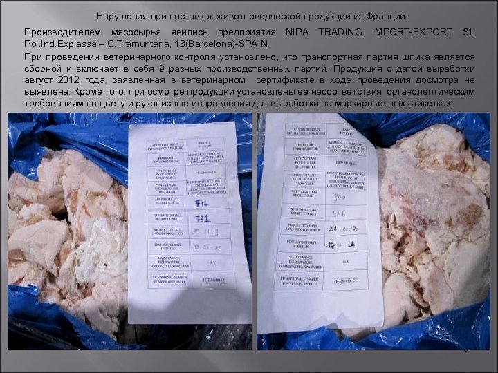 Нарушения при поставках животноводческой продукции из Франции Производителем мясосырья явились предприятия NIPA TRADING IMPORT-EXPORT