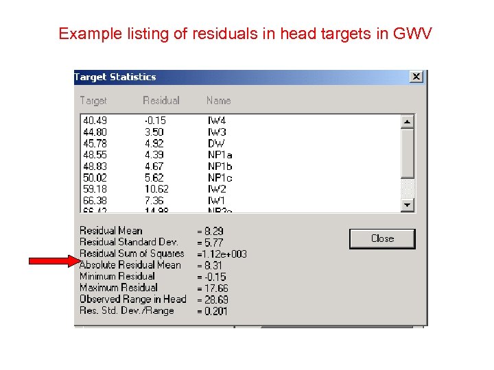 Example listing of residuals in head targets in GWV 