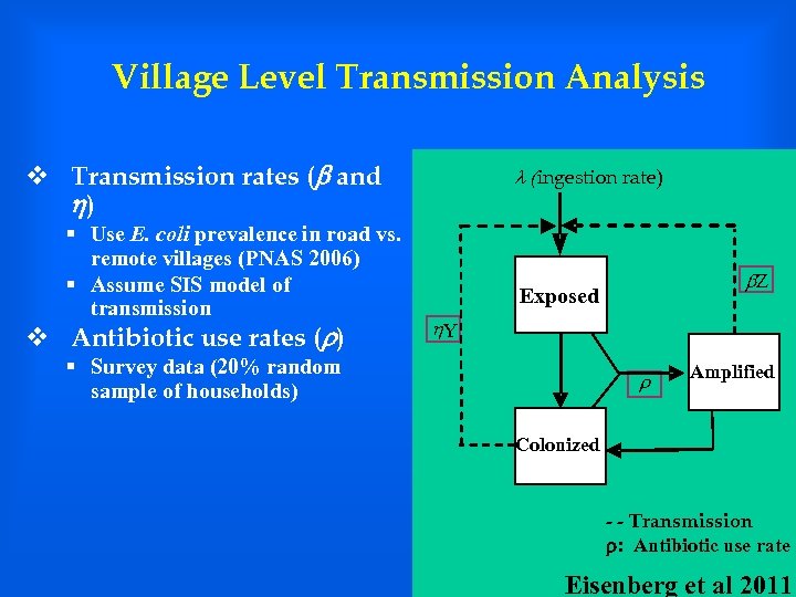 Village Level Transmission Analysis v Transmission rates (b and h) § Use E. coli