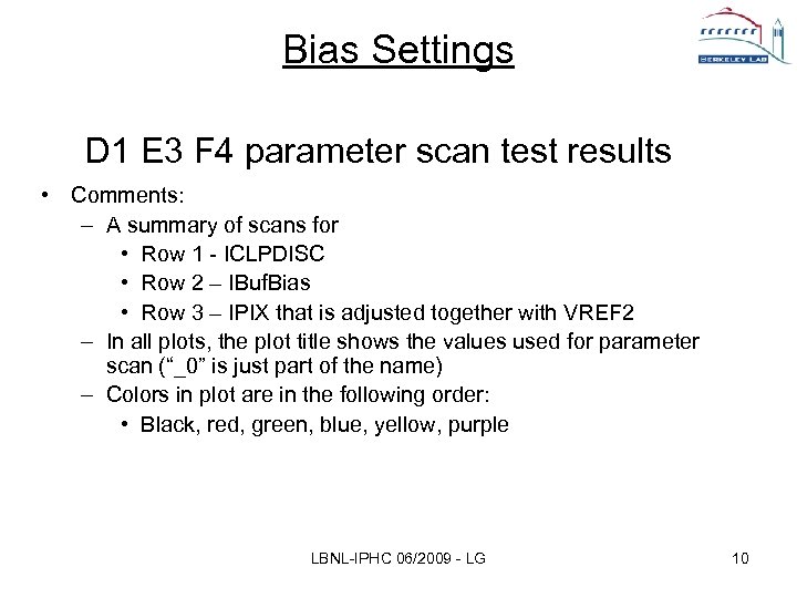 Bias Settings D 1 E 3 F 4 parameter scan test results • Comments: