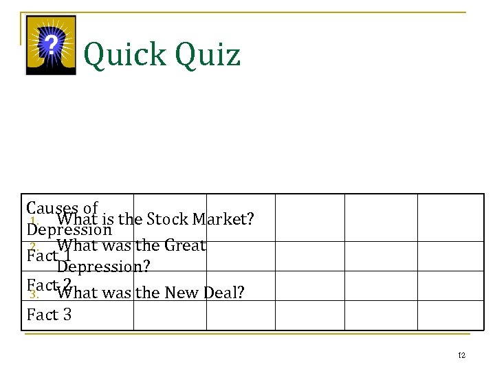 Quick Quiz Causes of 1. What is the Stock Market? Depression 2. What was