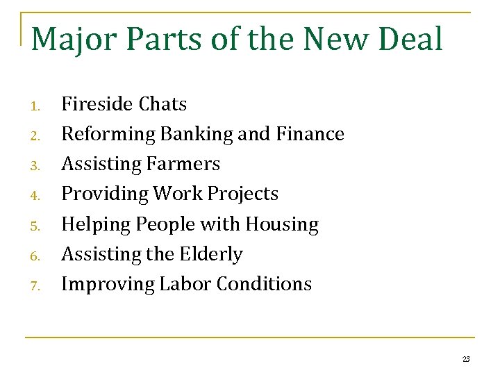 Major Parts of the New Deal 1. 2. 3. 4. 5. 6. 7. Fireside