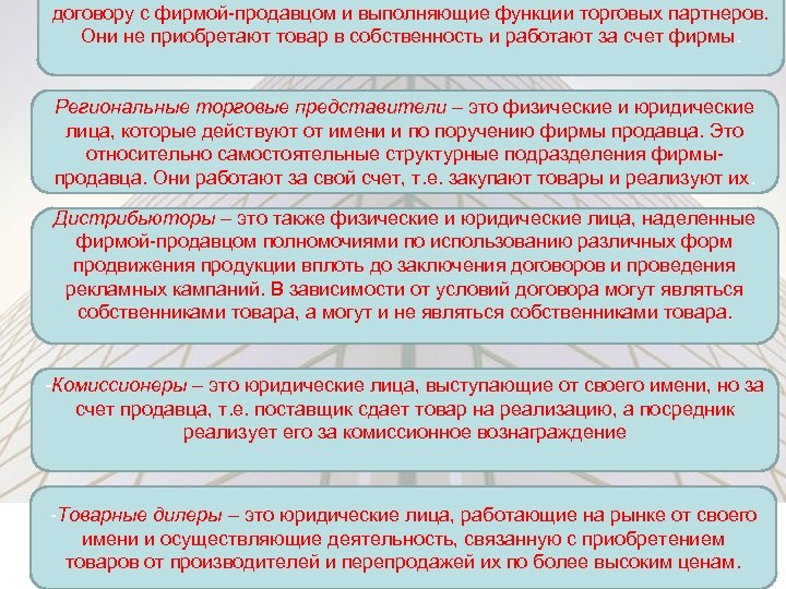 договору с фирмой-продавцом и выполняющие функции торговых партнеров. Они не приобретают товар в собственность