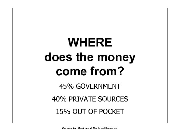 WHERE does the money come from? 45% GOVERNMENT 40% PRIVATE SOURCES 15% OUT OF