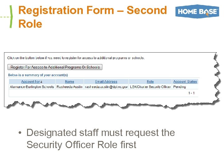 Registration Form – Second Role • Designated staff must request the Security Officer Role