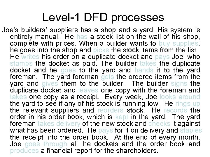 Level-1 DFD processes Joe’s builders’ suppliers has a shop and a yard. His system