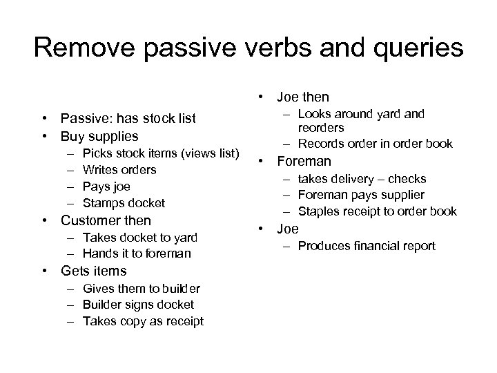 Remove passive verbs and queries • Joe then • Passive: has stock list •