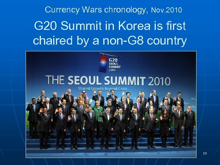 Currency Wars chronology, Nov. 2010 G 20 Summit in Korea is first chaired by