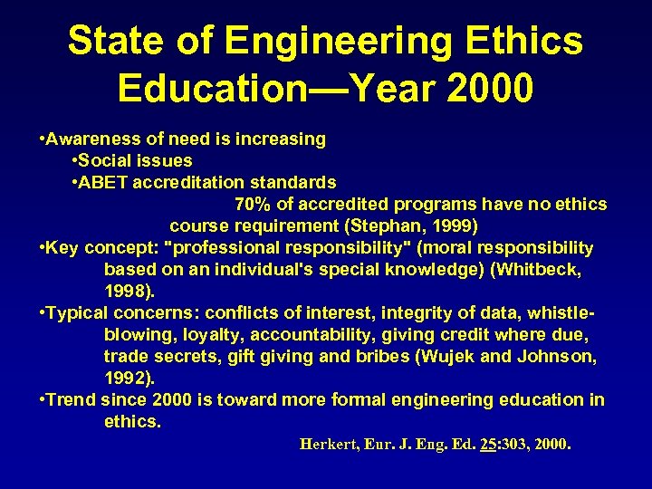 State of Engineering Ethics Education—Year 2000 • Awareness of need is increasing • Social
