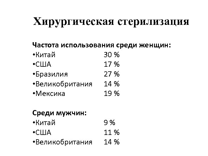 Хирургическая стерилизация Частота использования среди женщин: • Китай 30 % • США 17 %