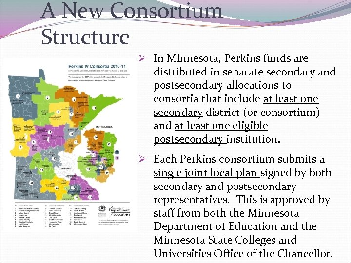 A New Consortium Structure Ø In Minnesota, Perkins funds are distributed in separate secondary