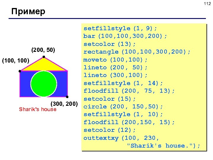 112 Пример setfillstyle (1, 9); bar (100, 300, 200); setcolor (13); (200, 50) rectangle