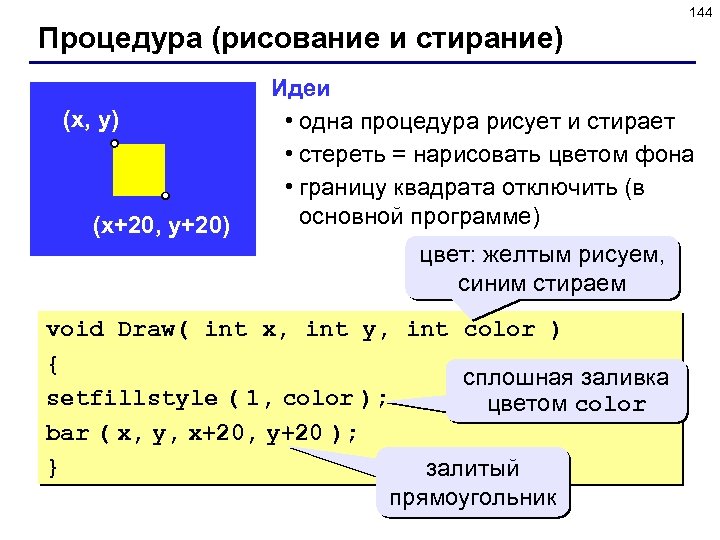 144 Процедура (рисование и стирание) (x, y) (x+20, y+20) Идеи • одна процедура рисует