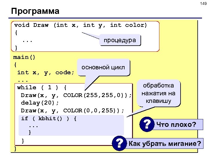 149 Программа void Draw (int x, int y, int color) {. . . процедура