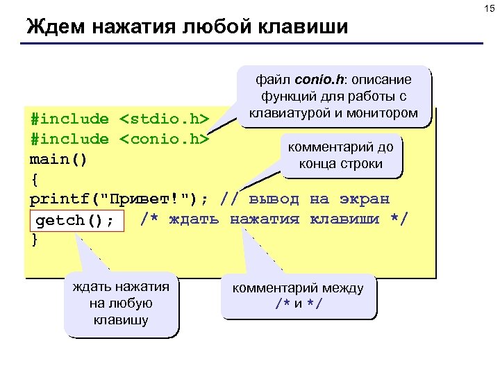 15 Ждем нажатия любой клавиши файл conio. h: описание функций для работы с клавиатурой