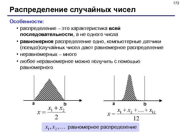 172 Распределение случайных чисел Особенности: • распределение – это характеристика всей последовательности, а не