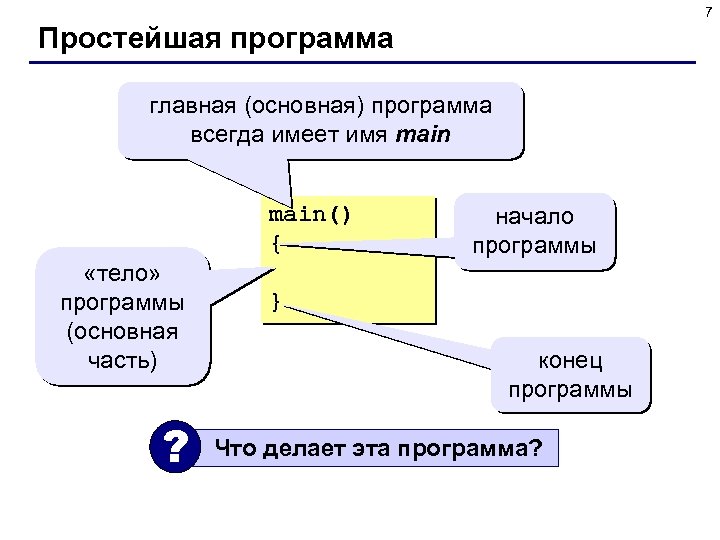 7 Простейшая программа главная (основная) программа всегда имеет имя main() { «тело» программы (основная