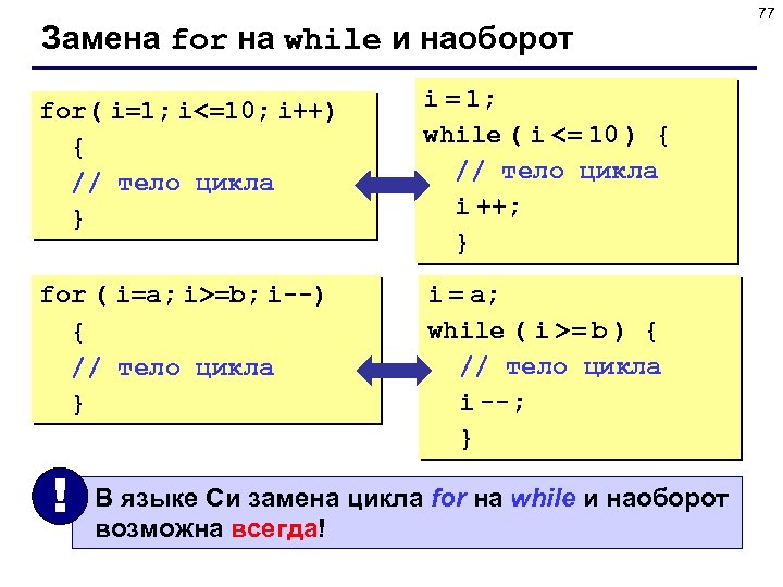 Замена for на while и наоборот for( i=1; i<=10; i++) { // тело цикла