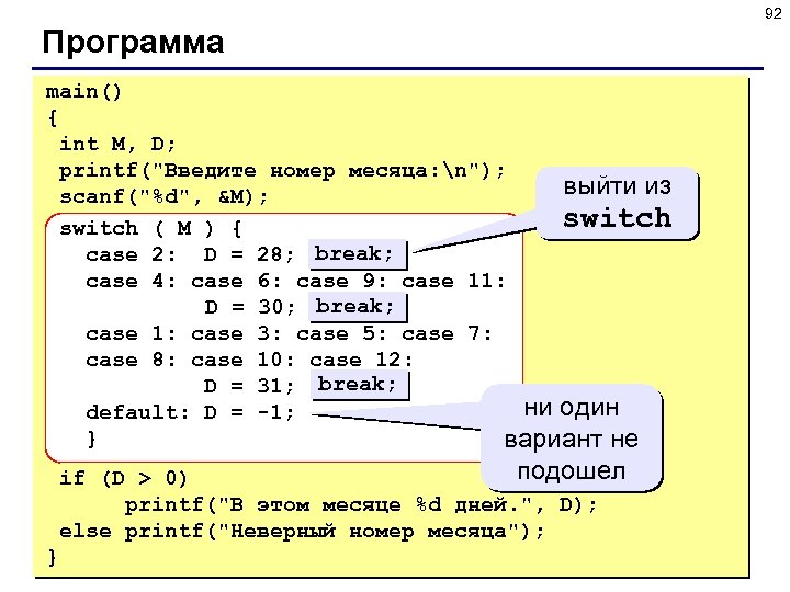 92 Программа main() { int M, D; printf(