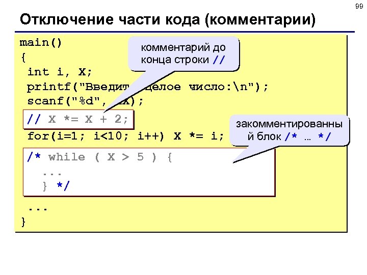 99 Отключение части кода (комментарии) main() комментарий до { конца строки // int i,