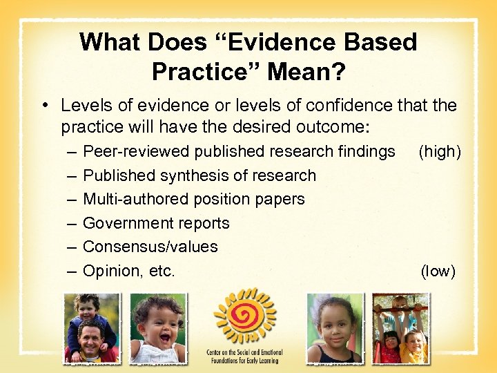 What Does “Evidence Based Practice” Mean? • Levels of evidence or levels of confidence