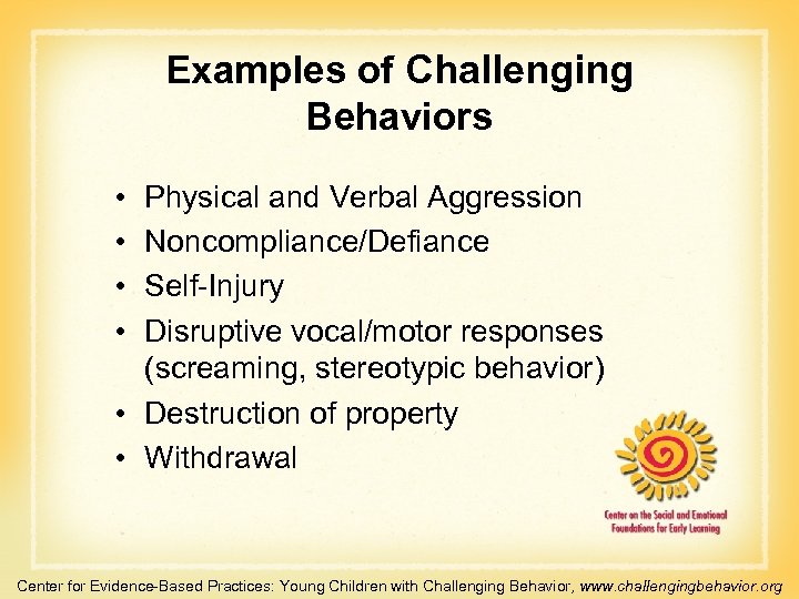 Examples of Challenging Behaviors • • Physical and Verbal Aggression Noncompliance/Defiance Self-Injury Disruptive vocal/motor
