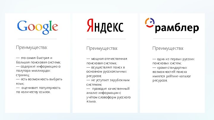 Преимущества: — это самая быстрая и большая поисковая система; — содержит информацию о полутора