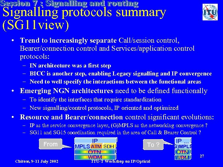 Signalling protocols summary (SG 11 view) • Trend to increasingly separate Call/session control, Bearer/connection