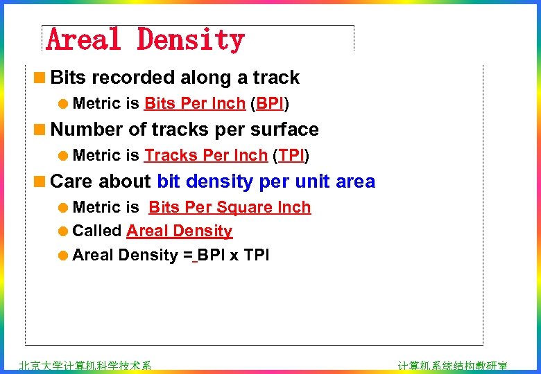 Areal Density <Bits recorded along a track =Metric is Bits Per Inch (BPI) <Number