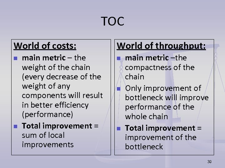 TOC World of costs: n n main metric – the weight of the chain