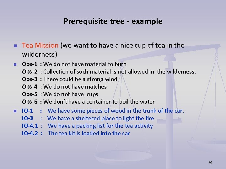Prerequisite tree - example n n n Tea Mission (we want to have a