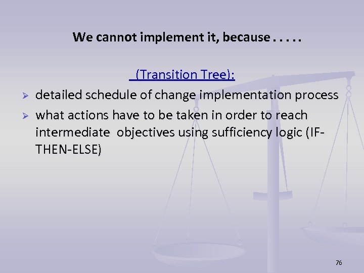 We cannot implement it, because…. . Ø Ø (Transition Tree): detailed schedule of change
