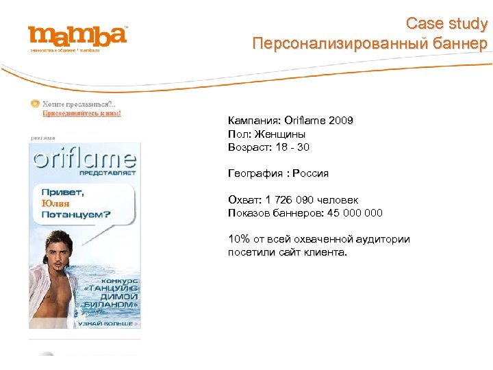 Case study Персонализированный баннер Кампания: Oriflame 2009 Пол: Женщины Возраст: 18 - 30 География