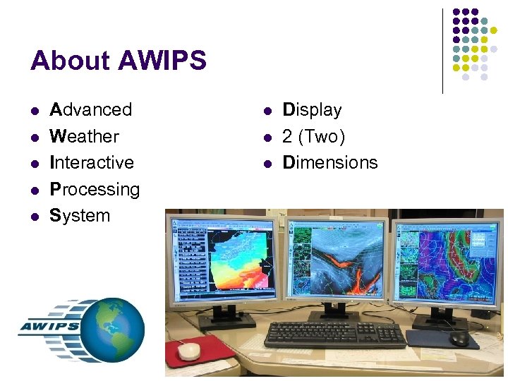 About AWIPS l l l Advanced Weather Interactive Processing System l l l Display