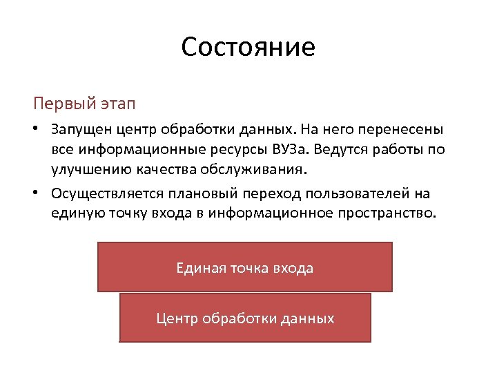 Состояние Первый этап • Запущен центр обработки данных. На него перенесены все информационные ресурсы