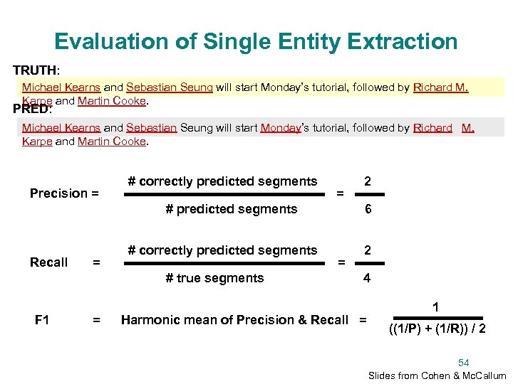 Evaluation of Single Entity Extraction TRUTH: Michael Kearns and Sebastian Seung will start Monday’s