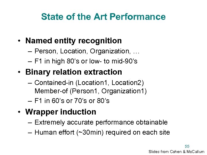 State of the Art Performance • Named entity recognition – Person, Location, Organization, …