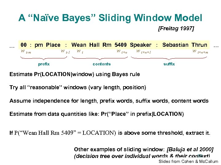 A “Naïve Bayes” Sliding Window Model [Freitag 1997] … 00 : pm Place :